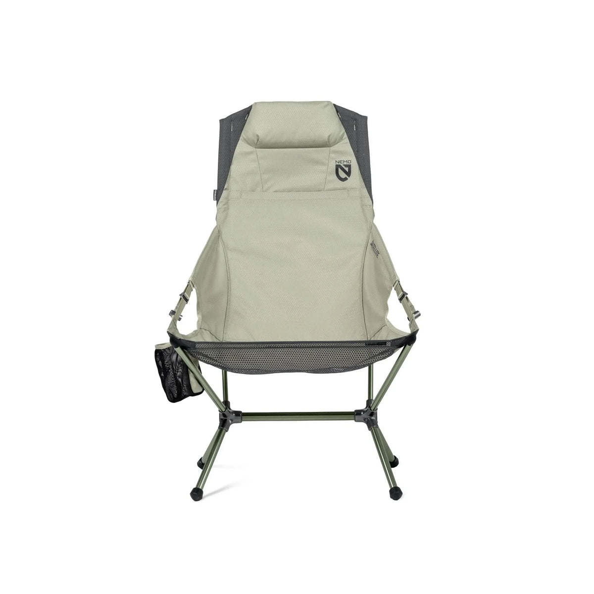 NEMO Satellite reclining chair in sage green, front view, showing its dark frame and NEMO logo on the backrest