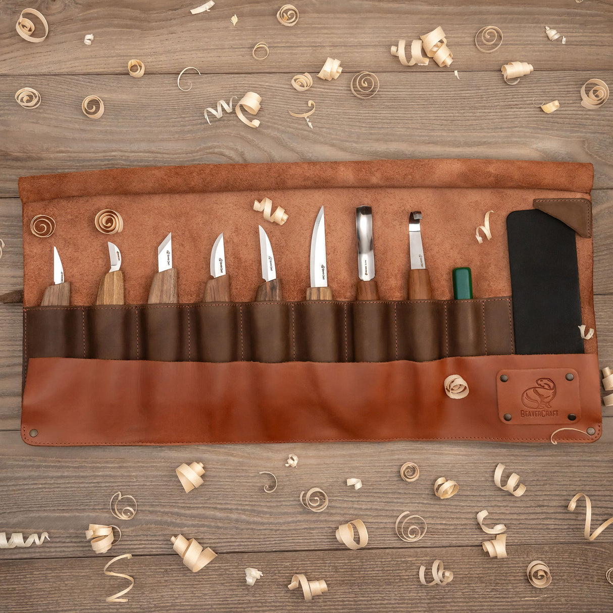BeaverCraft 10 Piece Deluxe Wood Carving Set in Genuine Leather Tool Roll