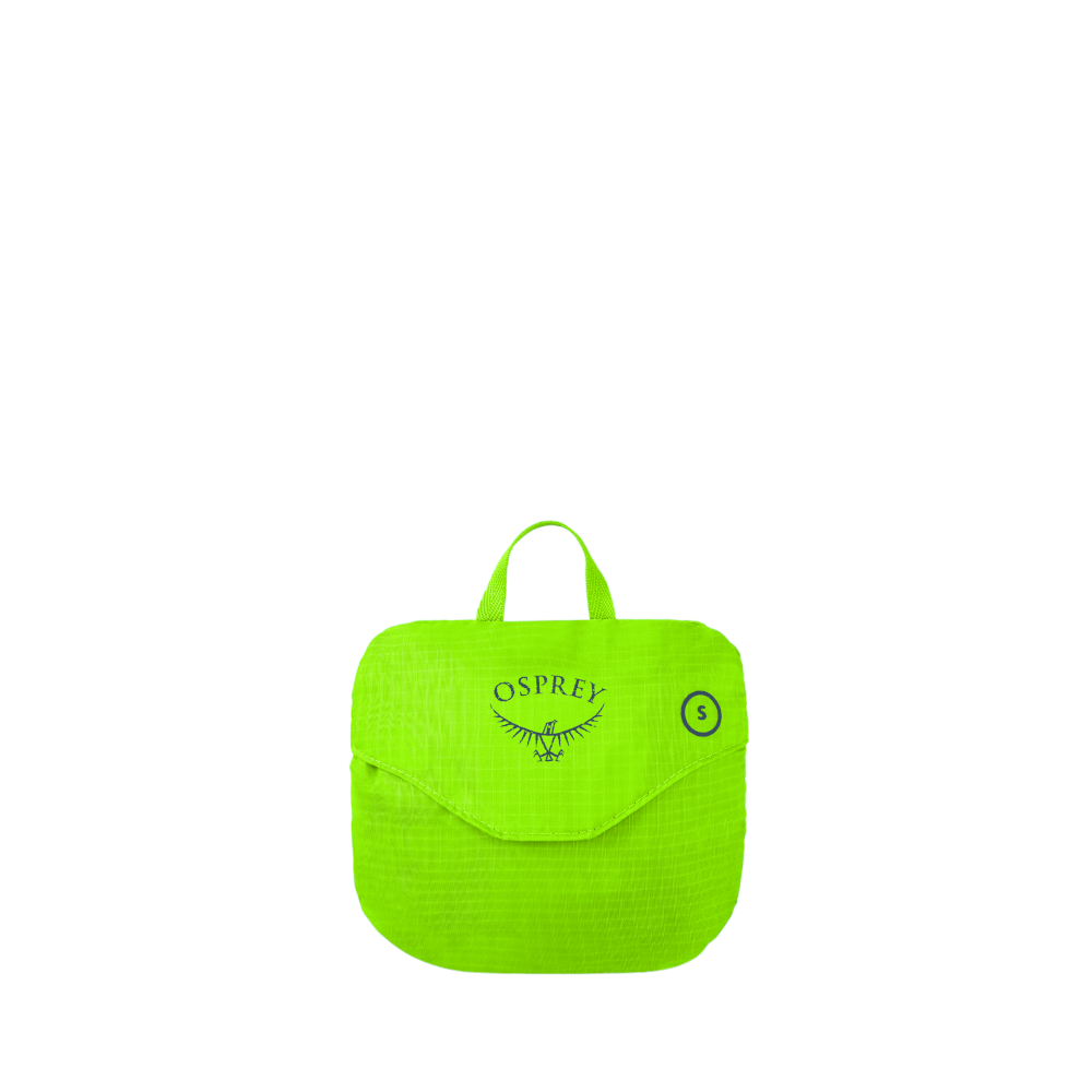 Osprey Hi-Vis backpack raincover in lime green, folded into its pouch with a carry loop