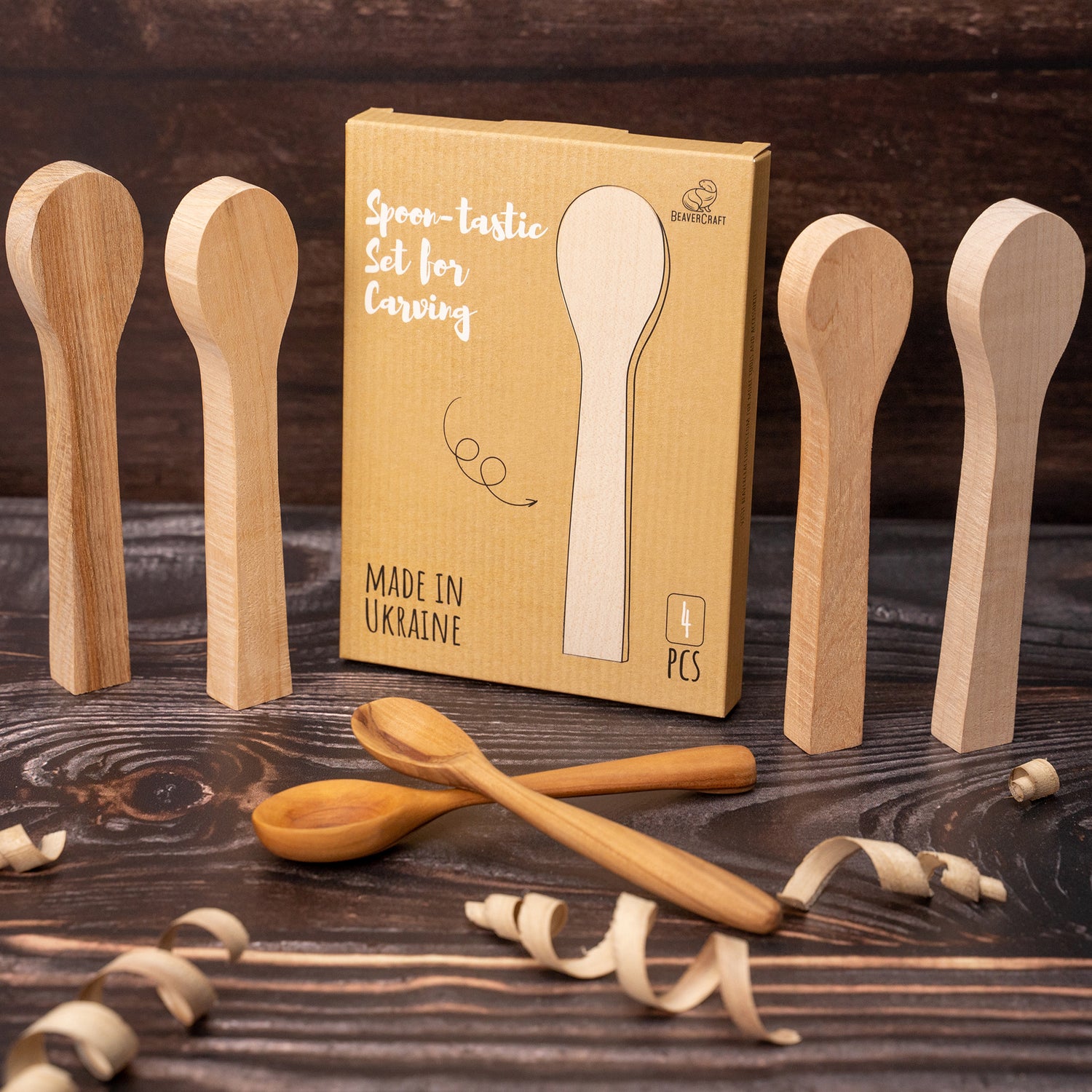 BeaverCraft Spoon Blanks Set of 4 - Elm, Apricot, Maple & Alder
