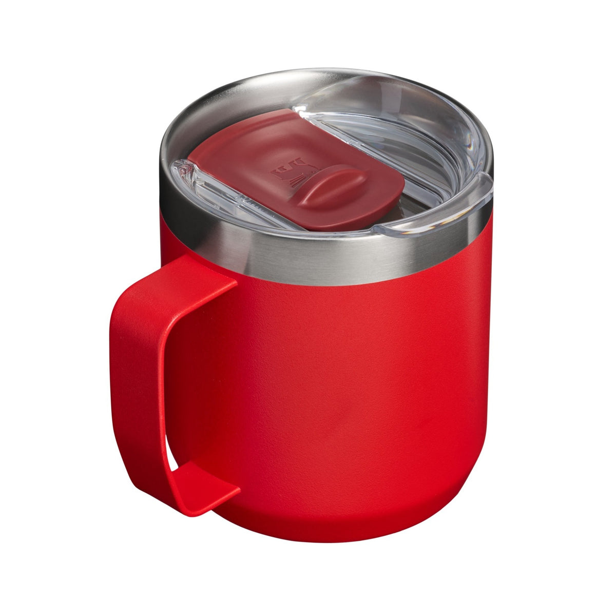 Stanley Everyday camp mug in red with a clear lid and red slider, viewed from above at an angle