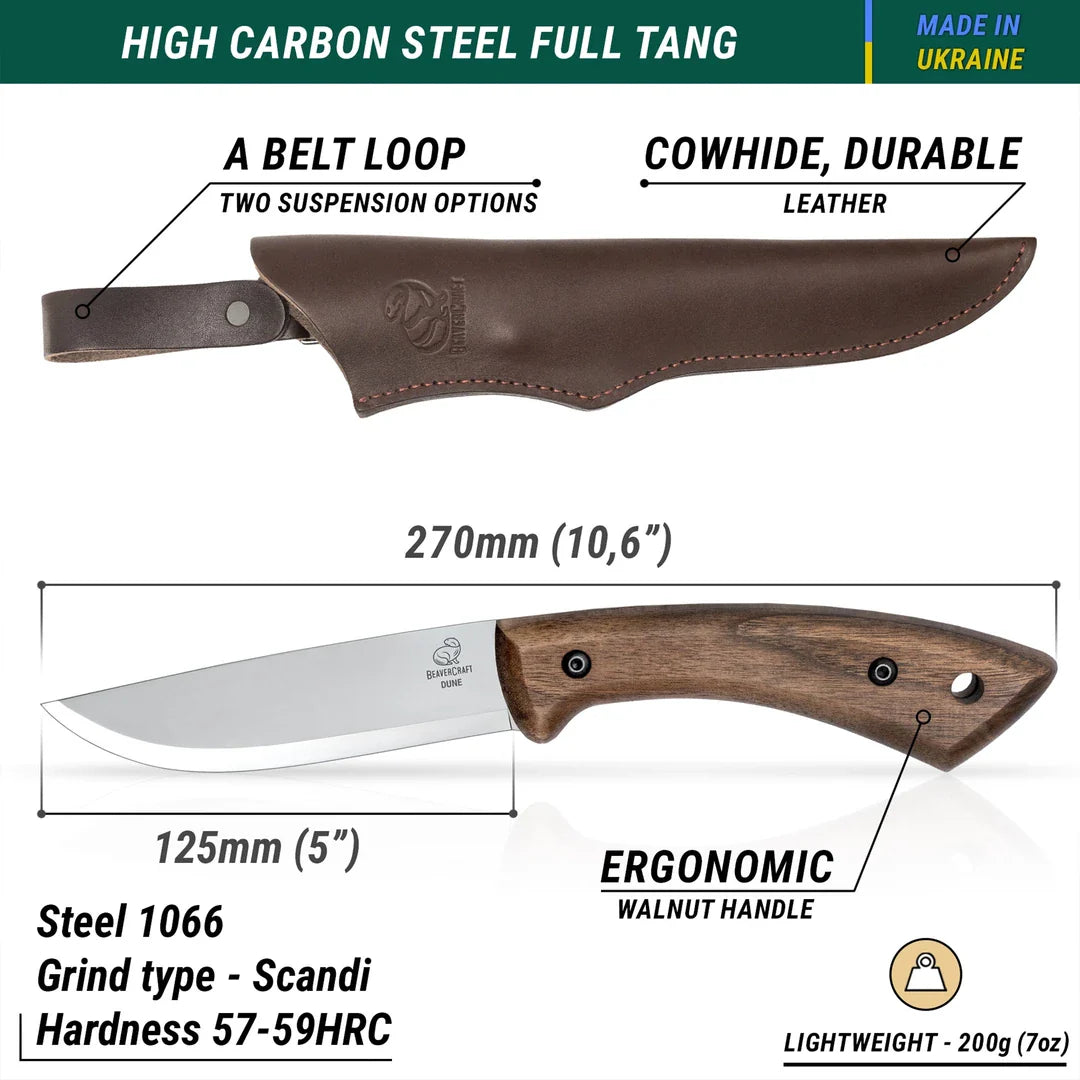 BeaverCraft Dune Bushcraft Knife with Leather Sheath