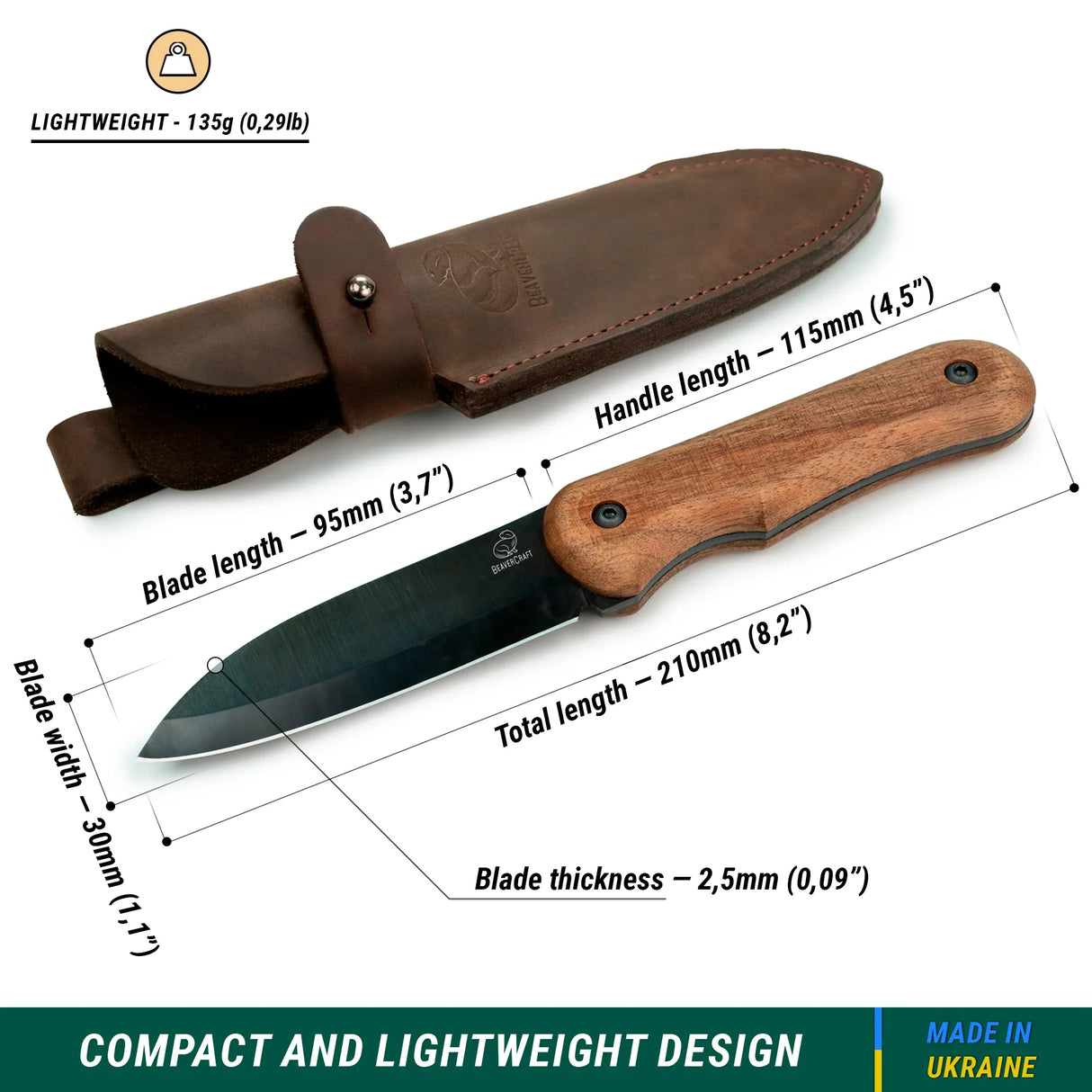 BeaverCraft Shadow Compact Bushcraft Knife with Leather Sheath