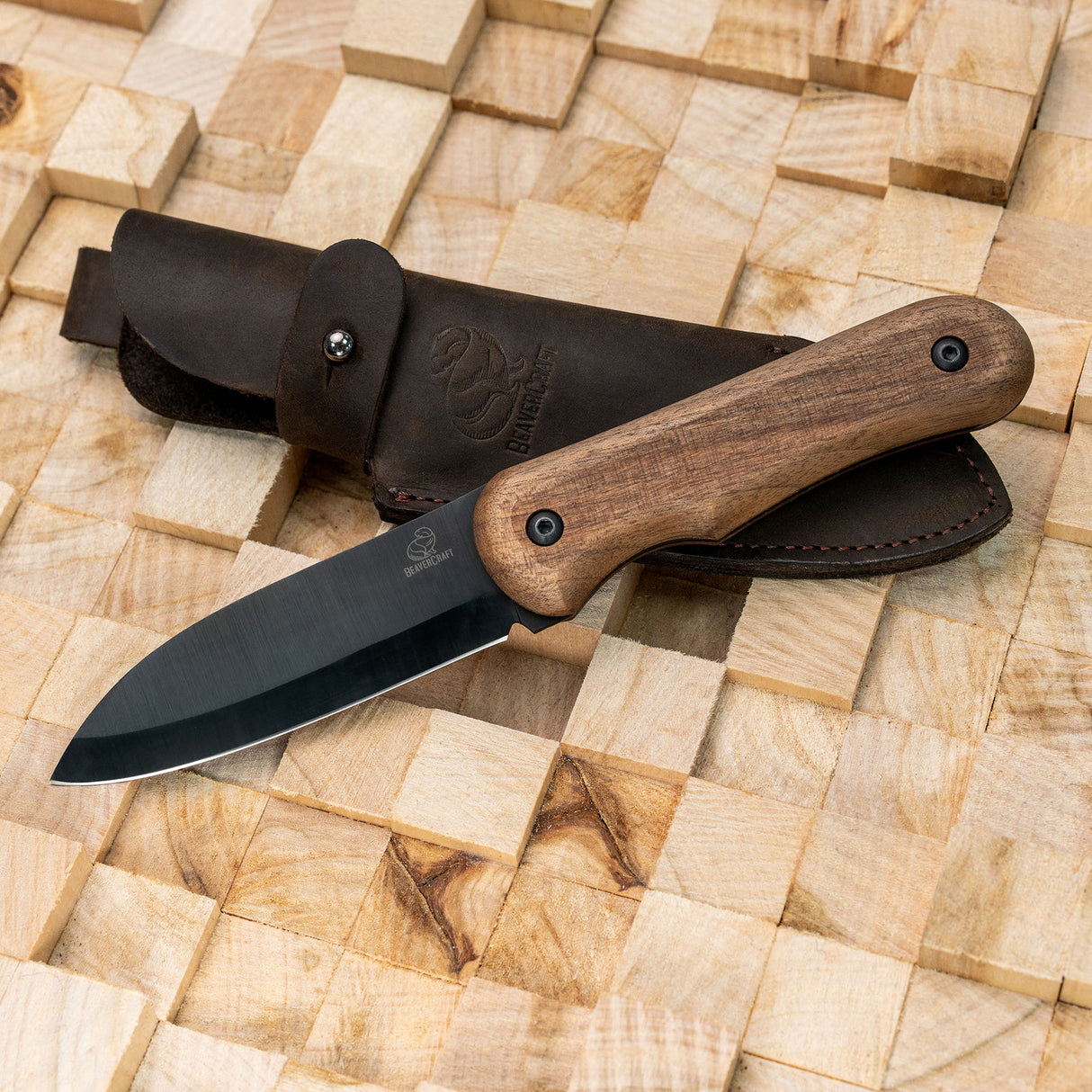 BeaverCraft Shadow Compact Bushcraft Knife with Leather Sheath