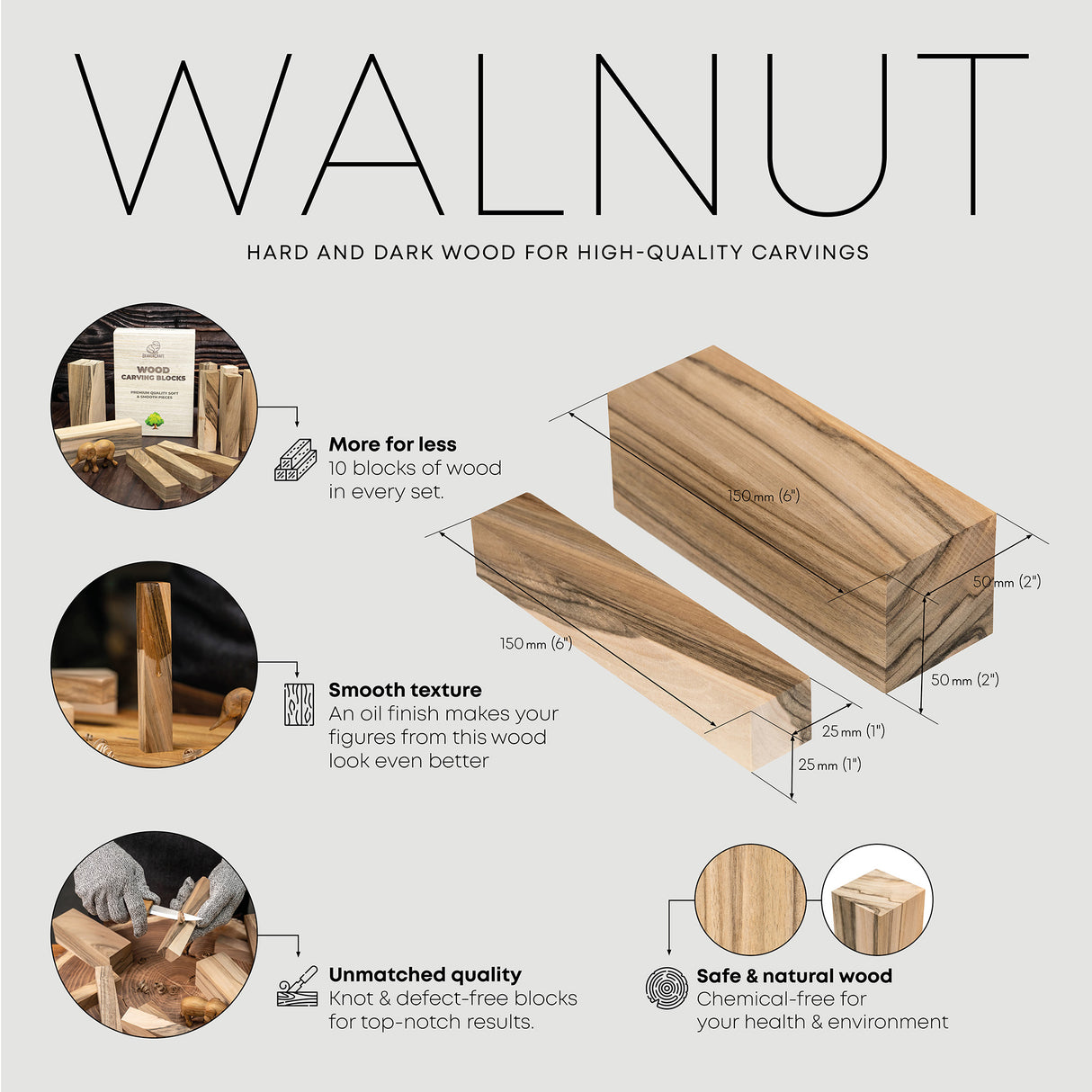 BeaverCraft Walnut Carving Blocks, Set of 10