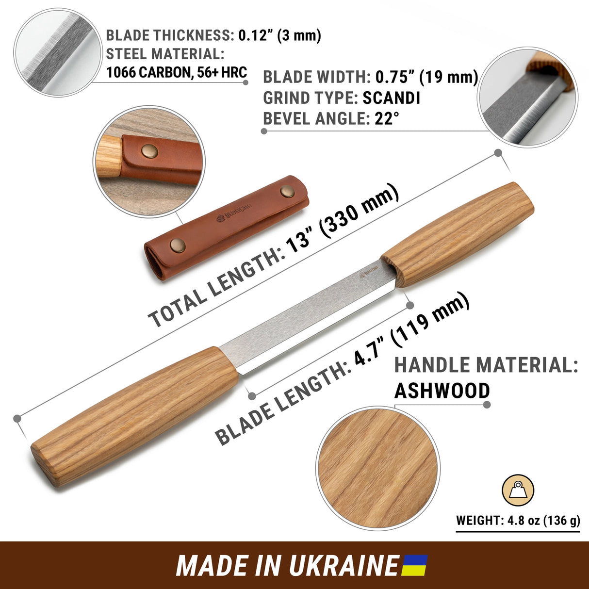 BeaverCraft 3mm Drawknife with Ash Wood Handle in Leather Sheath