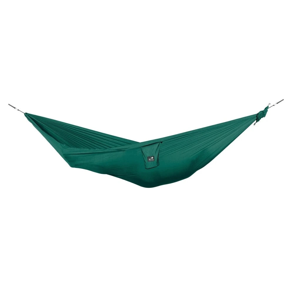 Ticket to the Moon Compact Hammock in dark green, stretched horizontally with a small black label near the centre