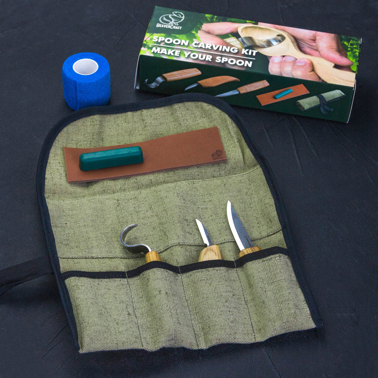 BeaverCraft 5 Piece Extended Spoon Carving Set in Canvas Tool Roll