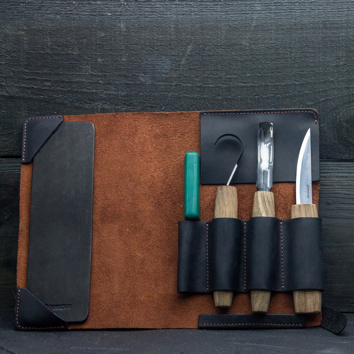 BeaverCraft 5 Piece Extended Carving Set in Genuine Leather Tool Roll