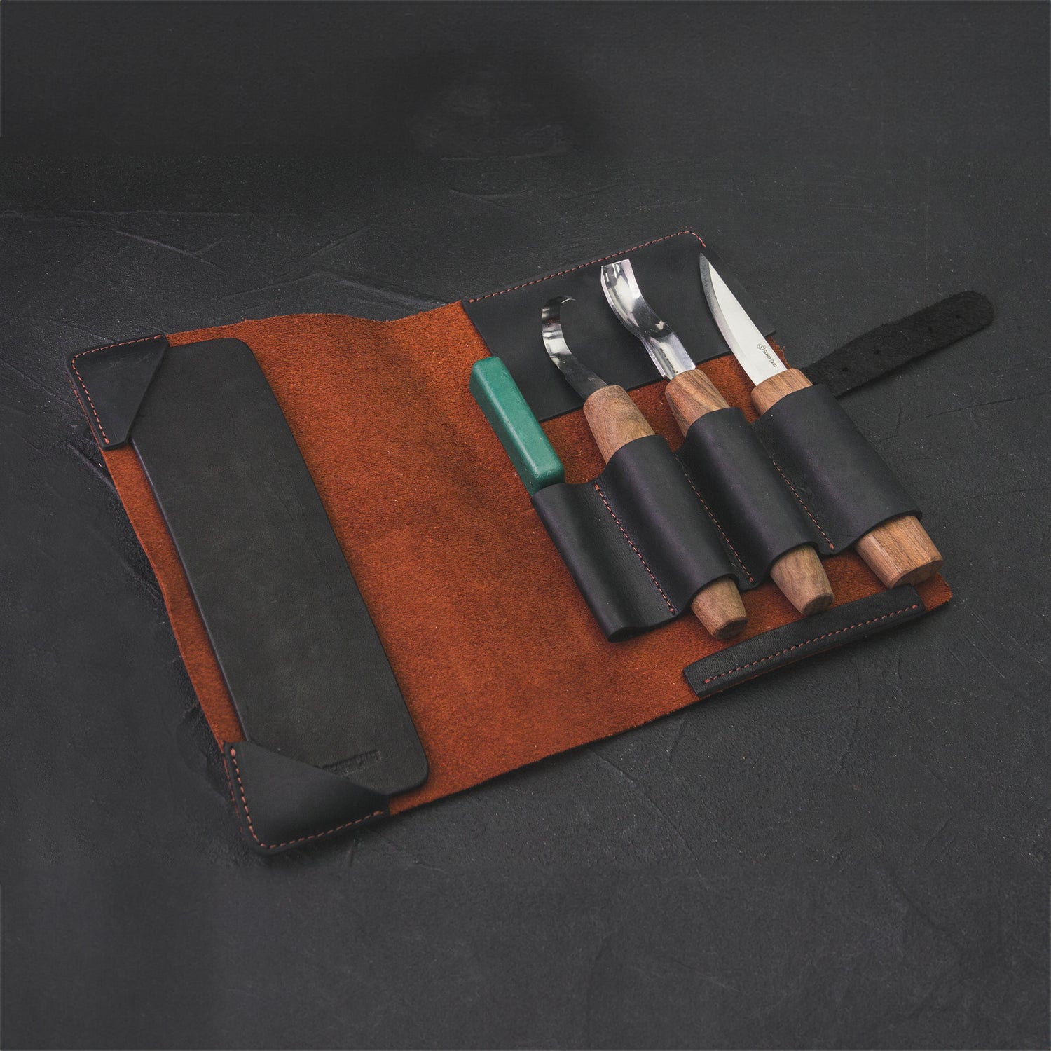 BeaverCraft 5 Piece Extended Carving Set in Genuine Leather Tool Roll
