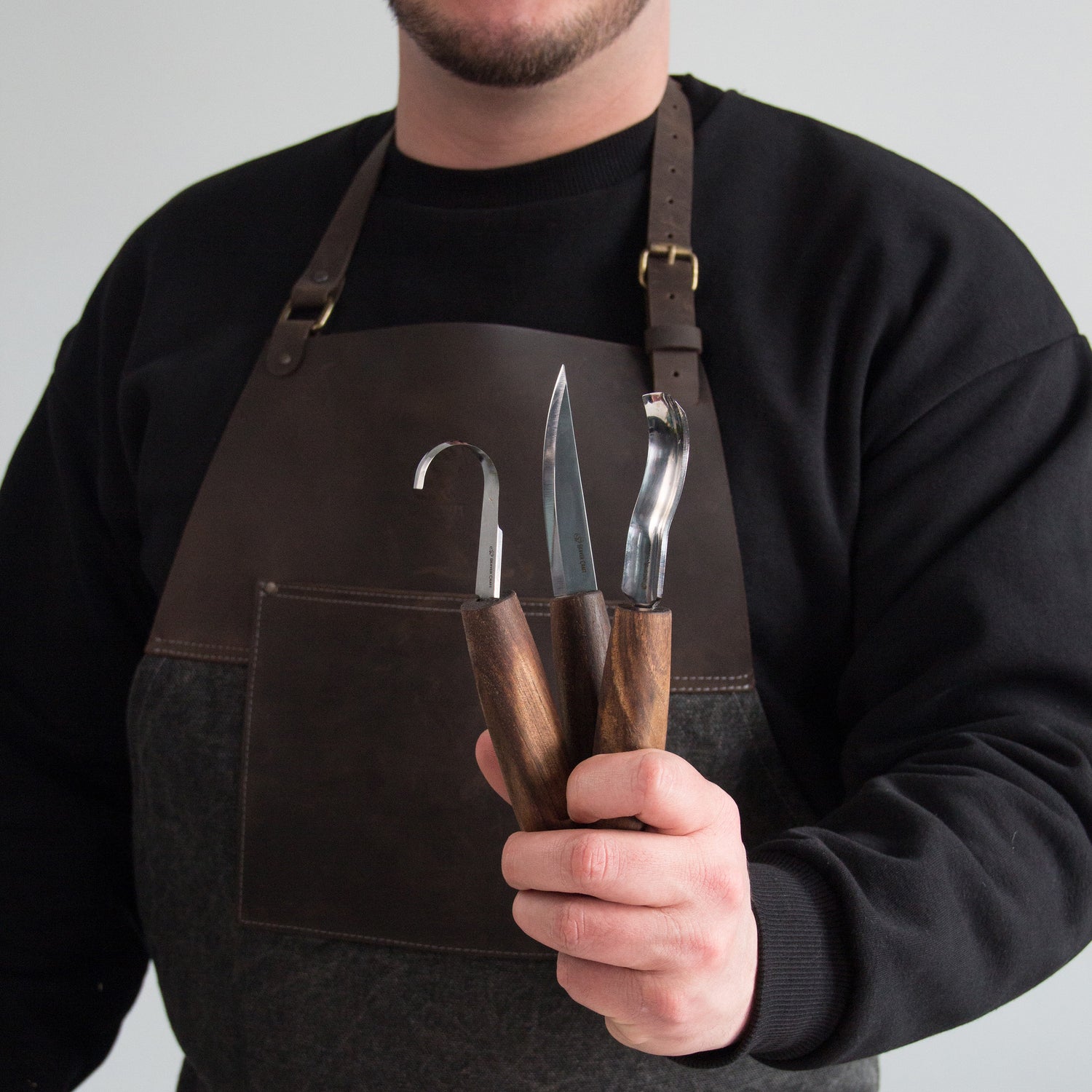BeaverCraft 5 Piece Extended Carving Set in Genuine Leather Tool Roll