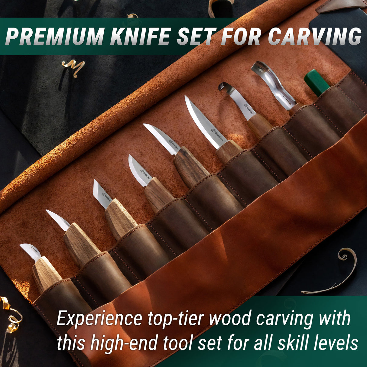 BeaverCraft 10 Piece Deluxe Wood Carving Set in Genuine Leather Tool Roll