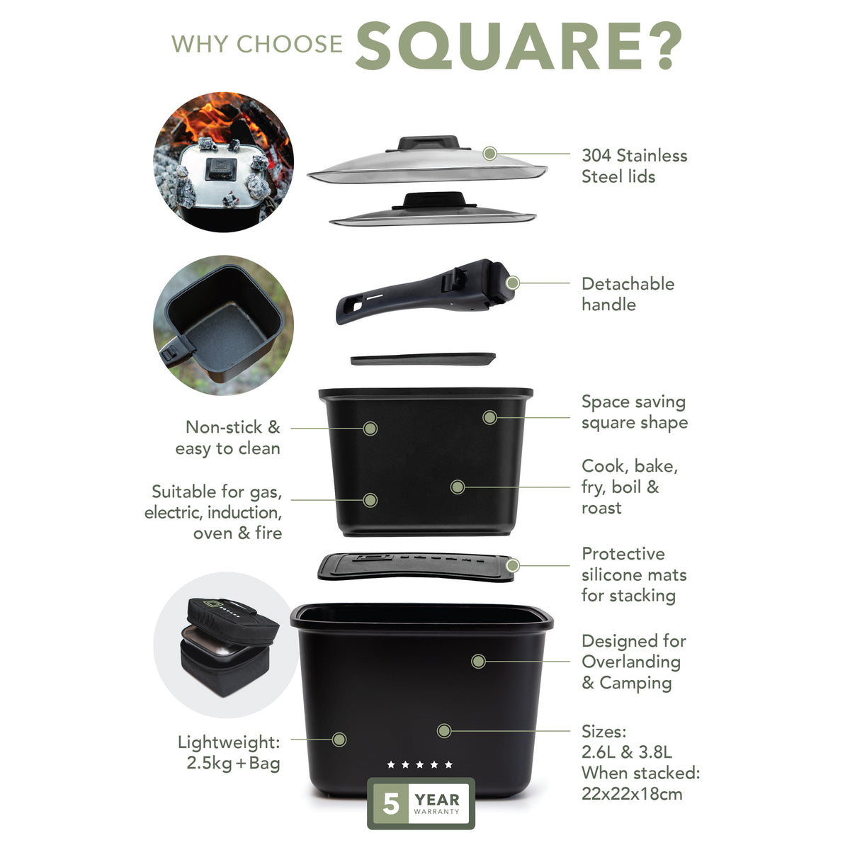 Square Cookware Nesting Pot Set with Storage Bag