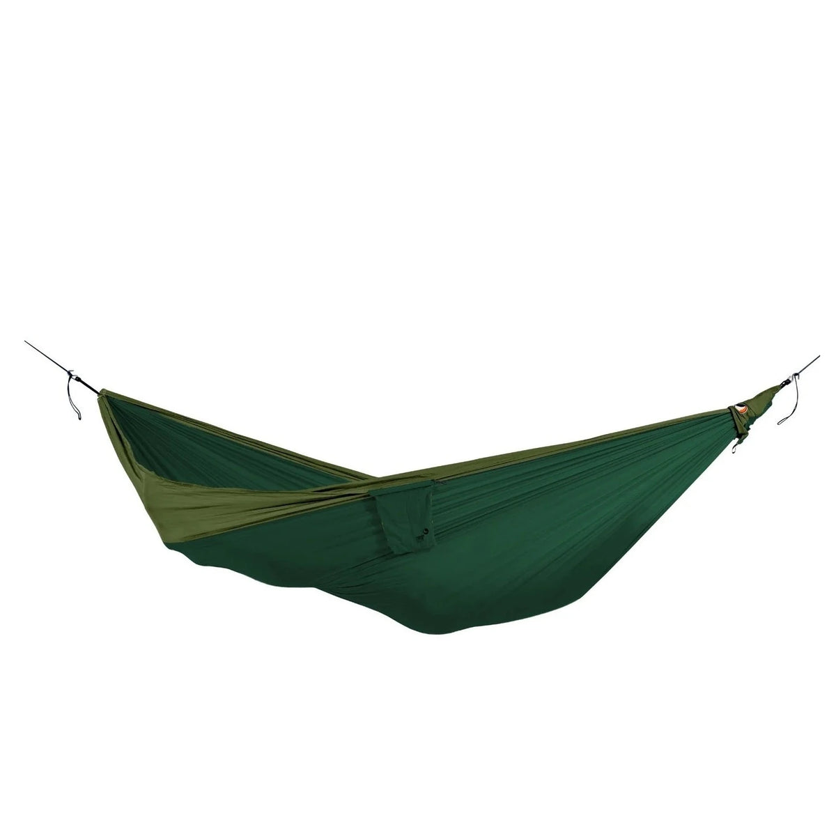 Ticket to the Moon King Hammock in dark green, stretched out with suspension cords attached