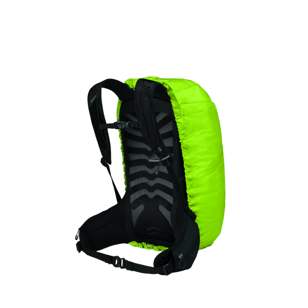 Osprey Hi-Vis backpack raincover in lime green, fitted over a black backpack and seen from the back