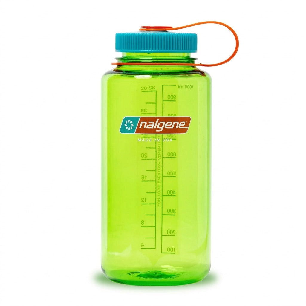 Nalgene Wide Mouth Sustain water bottle in Pear, translucent bright green with teal cap and orange loop