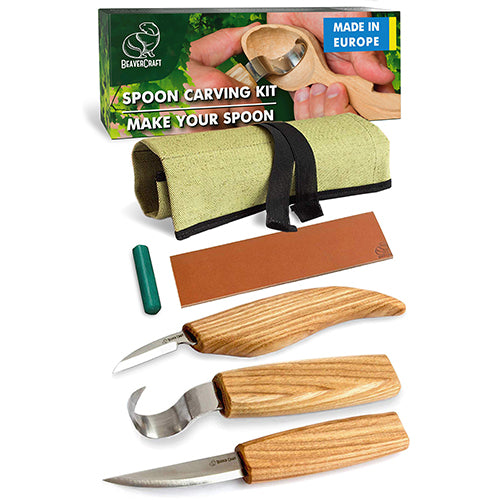 BeaverCraft 5 Piece Extended Spoon Carving Set in Canvas Tool Roll