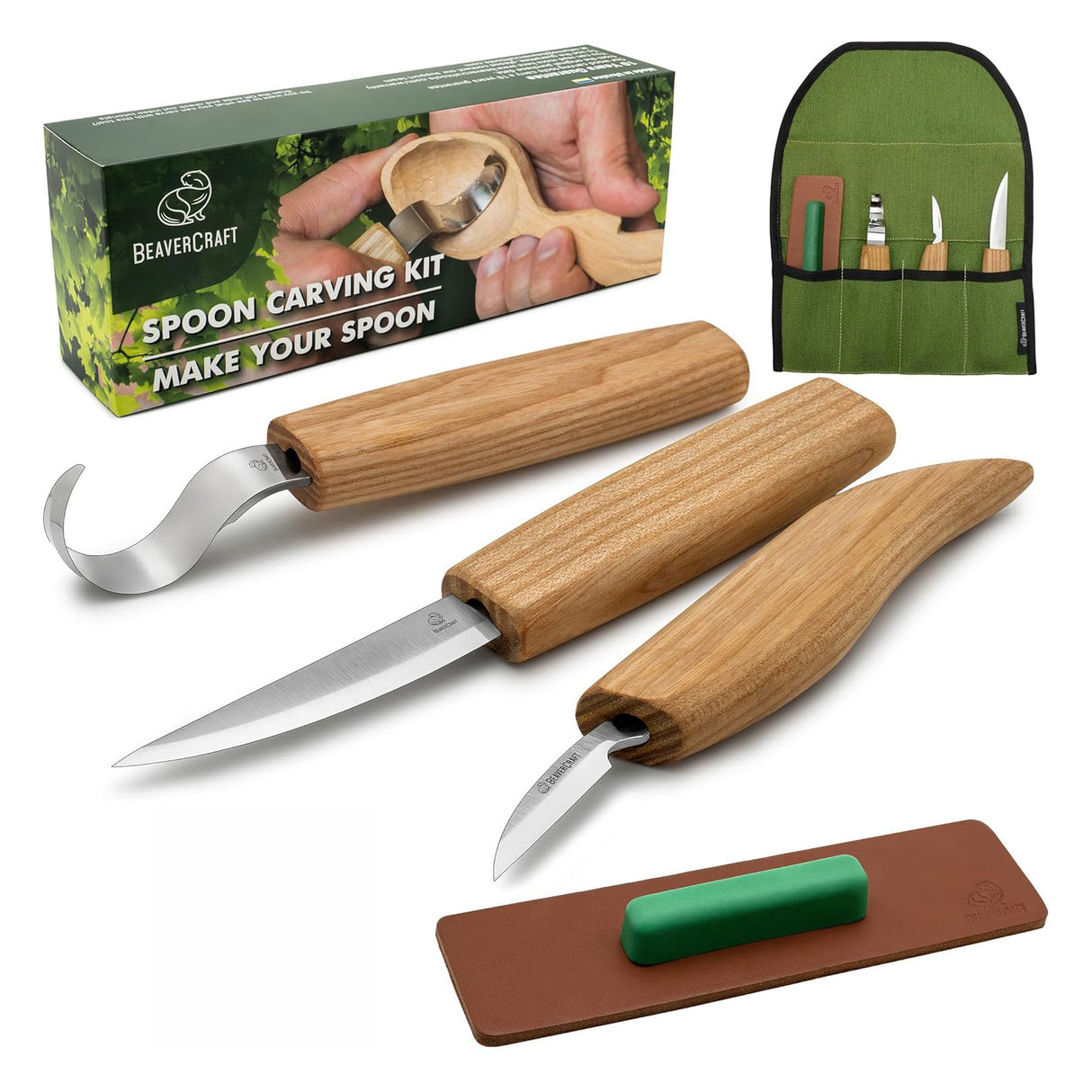 BeaverCraft 5 Piece Extended Spoon Carving Set in Canvas Tool Roll