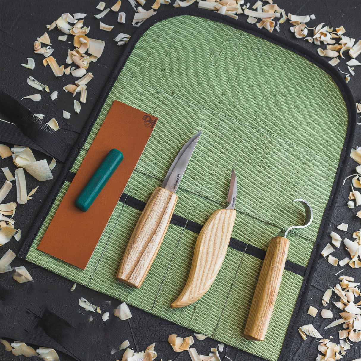 BeaverCraft 5 Piece Extended Spoon Carving Set in Canvas Tool Roll