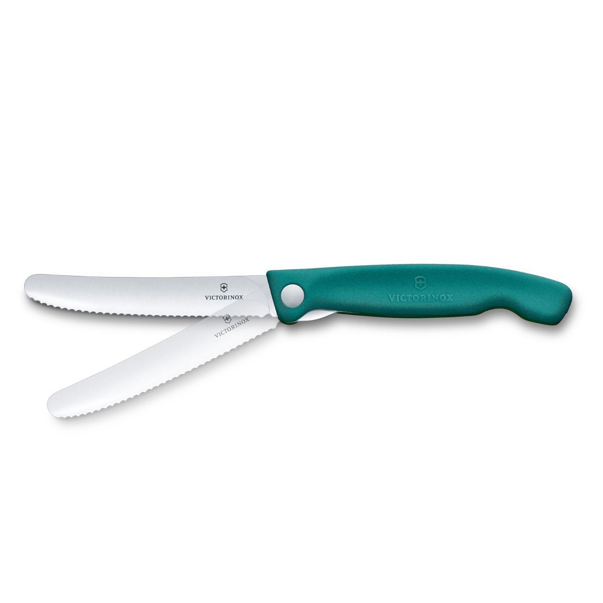 Victorinox Swiss Classic picnic knife in teal, open, with a second view showing the blade folded partway