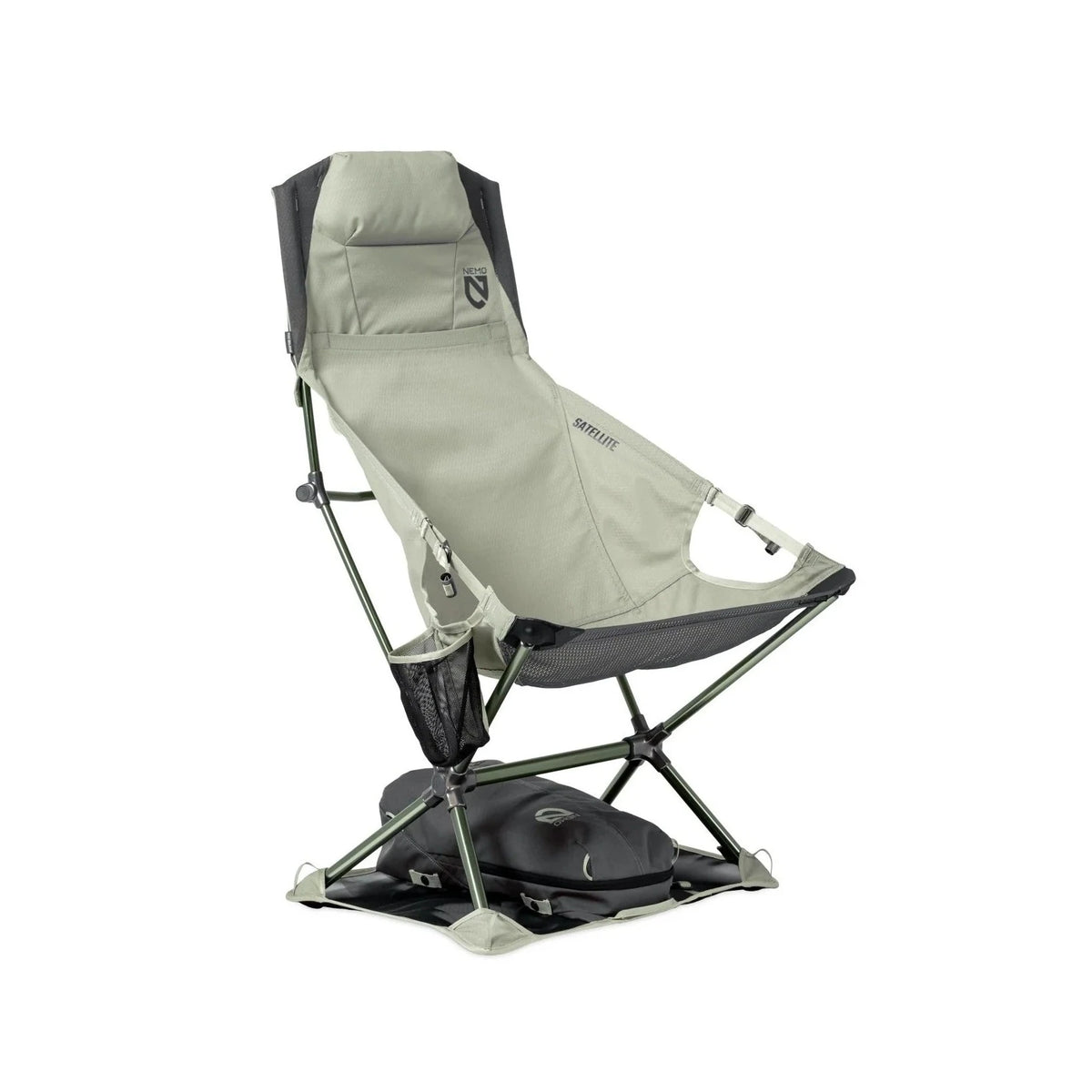 NEMO Satellite reclining chair in sage green, set up and empty, with its dark carry bag resting beneath it