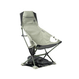 NEMO Satellite reclining chair in sage green, set up and empty, with its dark carry bag resting beneath it