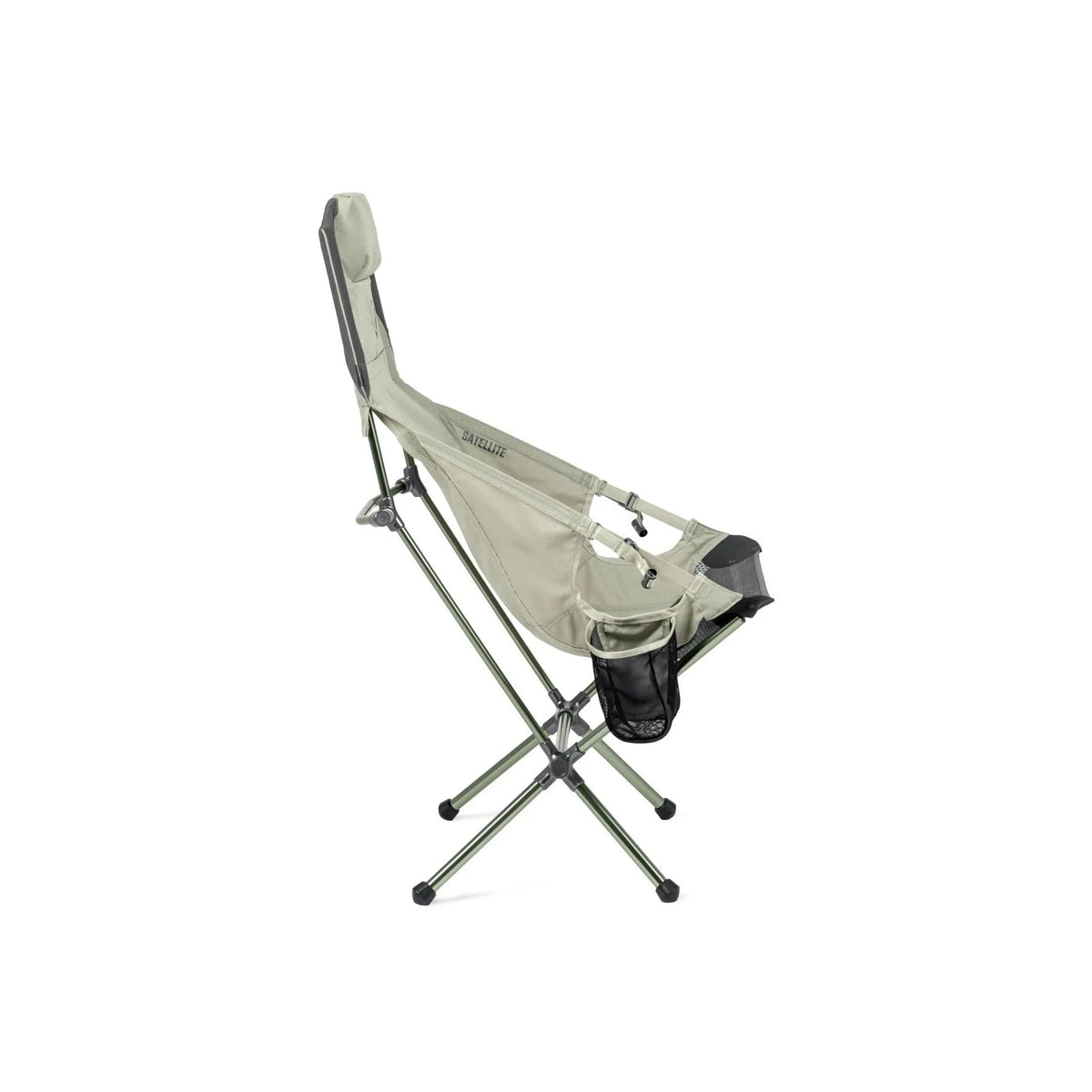 NEMO Satellite Reclining Anywhere Chair in sage green, angled to show reclining seat, headrest and crossed legs
