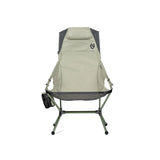 NEMO Satellite reclining chair in sage green, front view, showing its dark frame and NEMO logo on the backrest