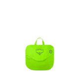 Osprey Hi-Vis backpack raincover in lime green, folded into its pouch with a carry loop