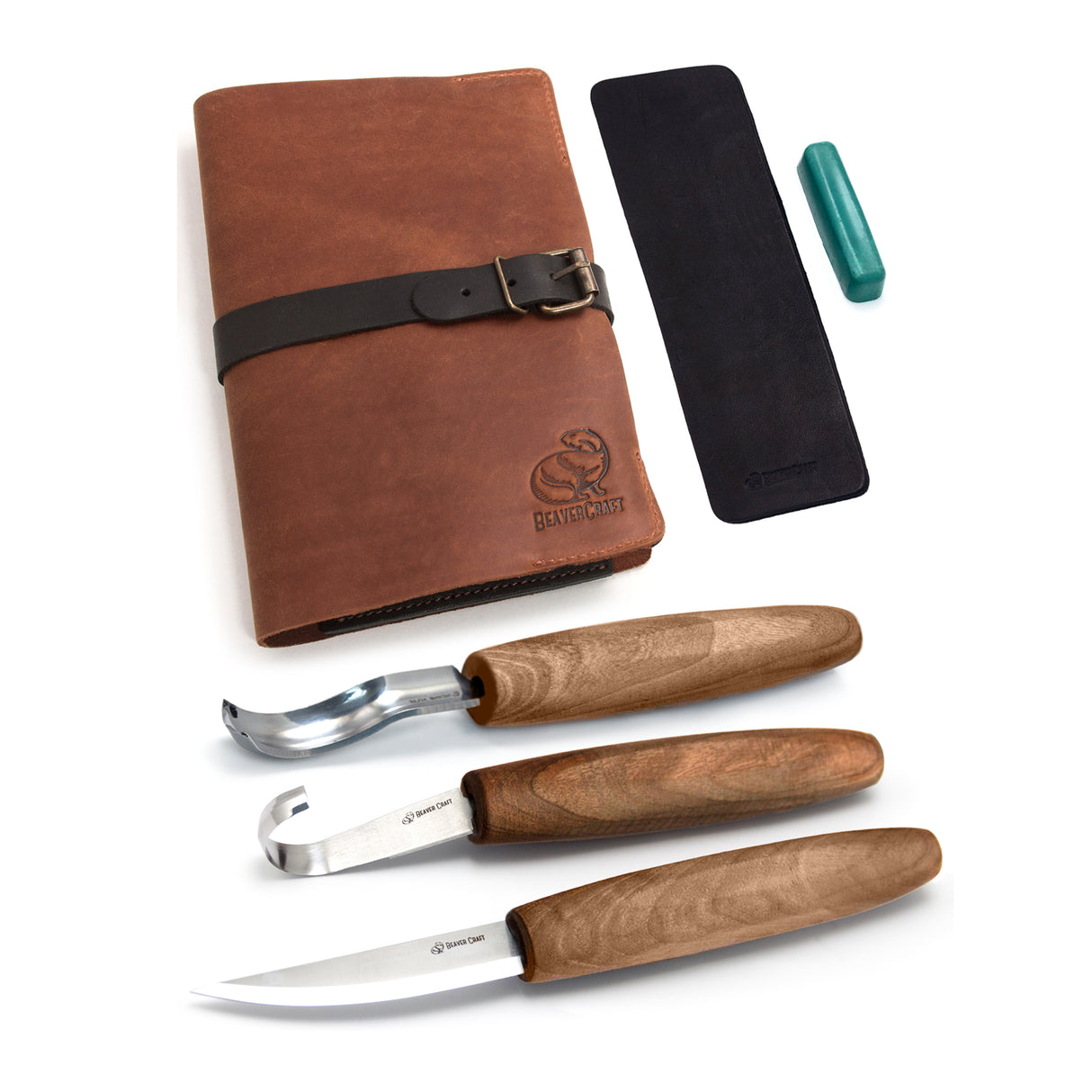 BeaverCraft 5 Piece Extended Carving Set in Genuine Leather Tool Roll