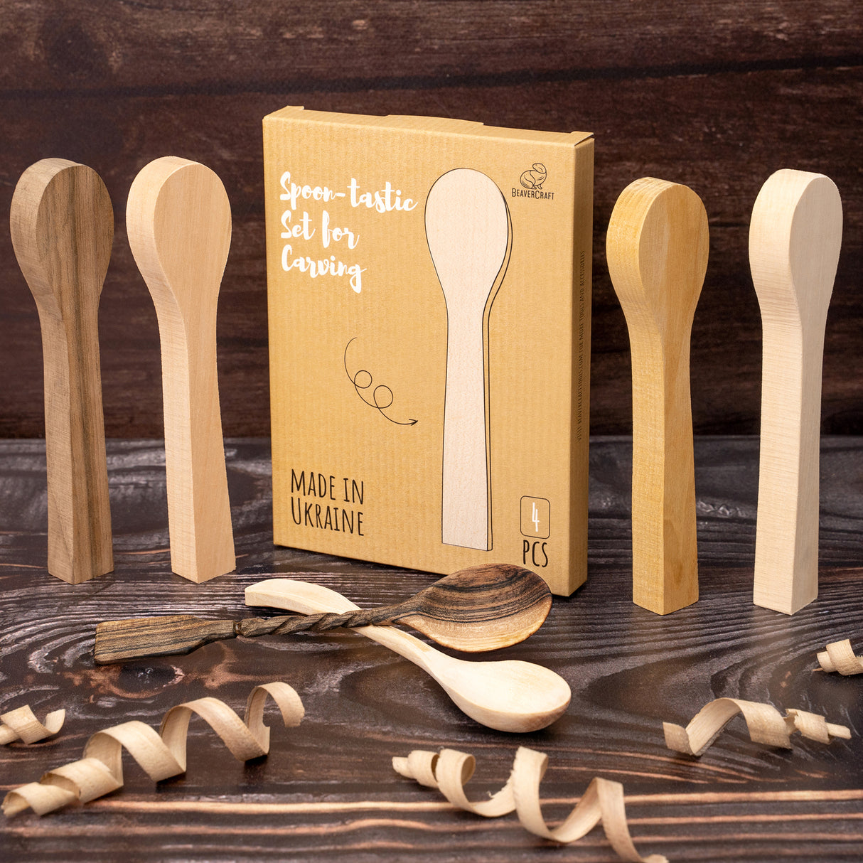 BeaverCraft Spoon Blanks Set of 4 - Cherry, Mulberry, Walnut & Basswood