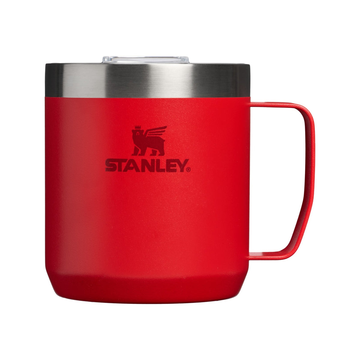 Stanley Everyday camp mug in Chili red with clear lid and stainless-steel band, facing forward