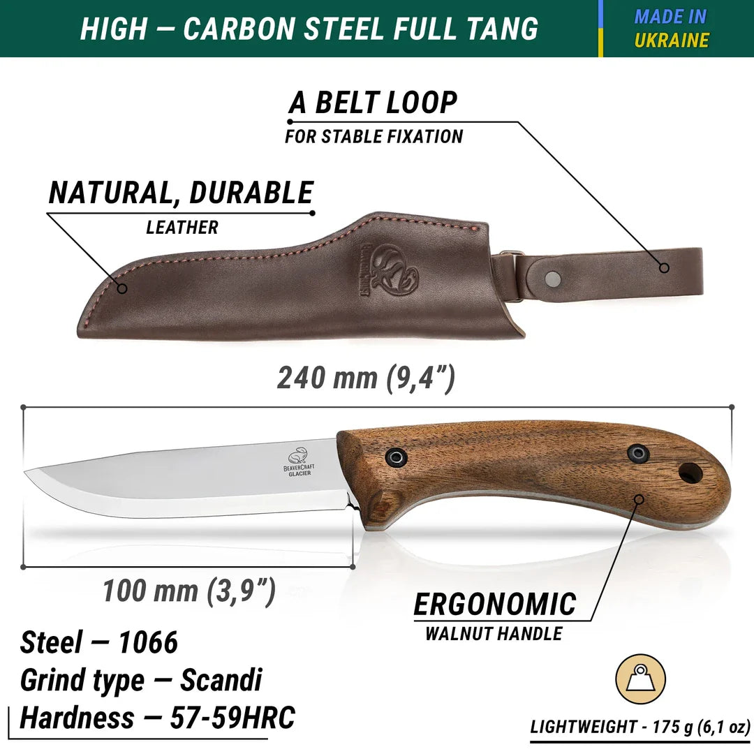 BeaverCraft Glacier Bushcraft Knife with Leather Sheath