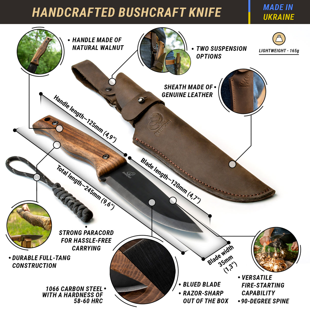 BeaverCraft Nightfall Bushcraft Knife with Leather Sheath