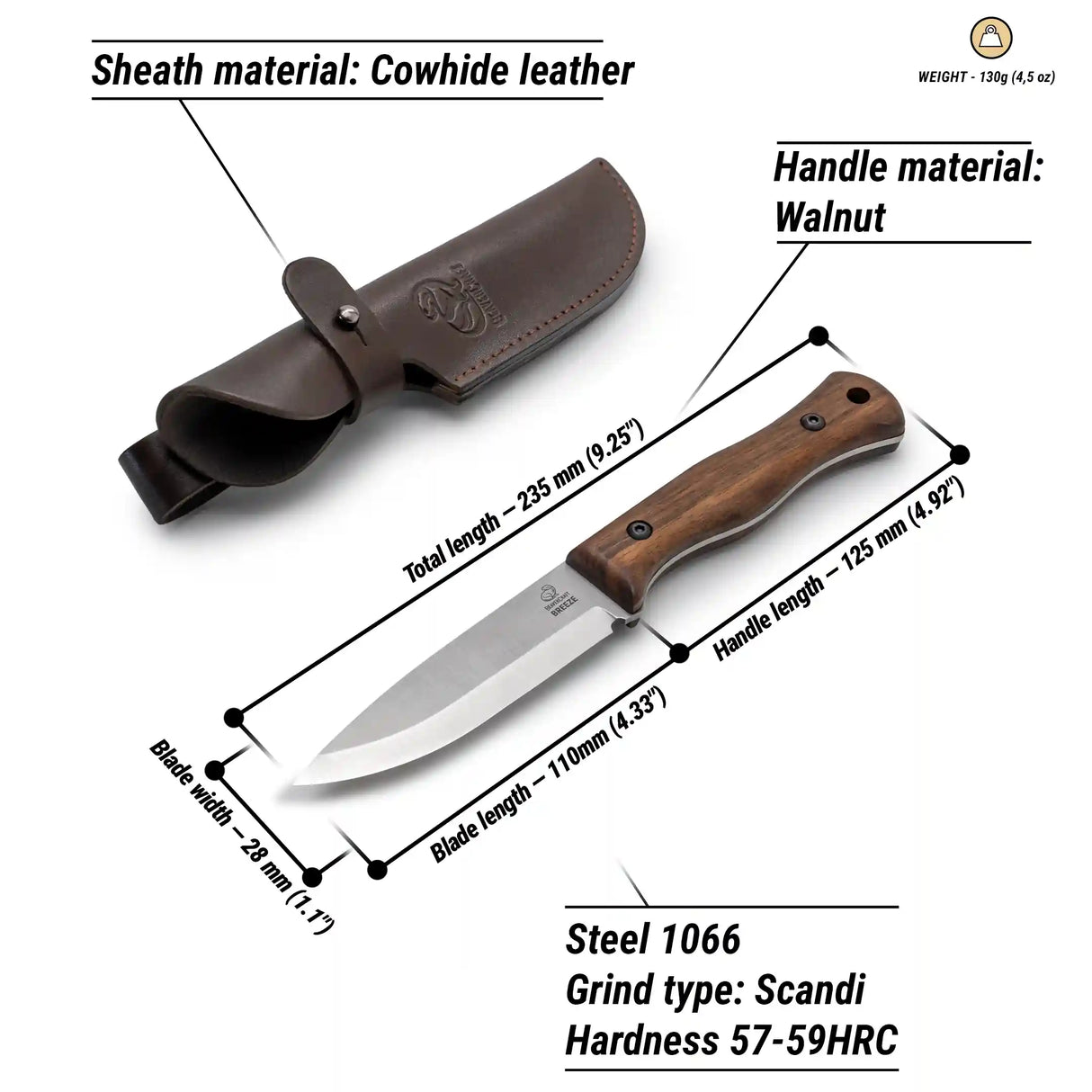 BeaverCraft Breeze Bushcraft Knife with Leather Sheath