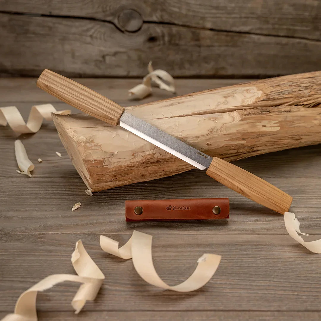 BeaverCraft 3mm Drawknife with Ash Wood Handle in Leather Sheath