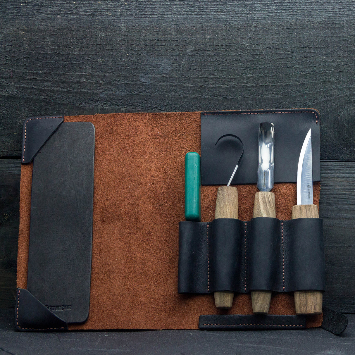 BeaverCraft 5 Piece Extended Carving Set in Genuine Leather Tool Roll