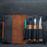 BeaverCraft 5 Piece Extended Carving Set in Genuine Leather Tool Roll