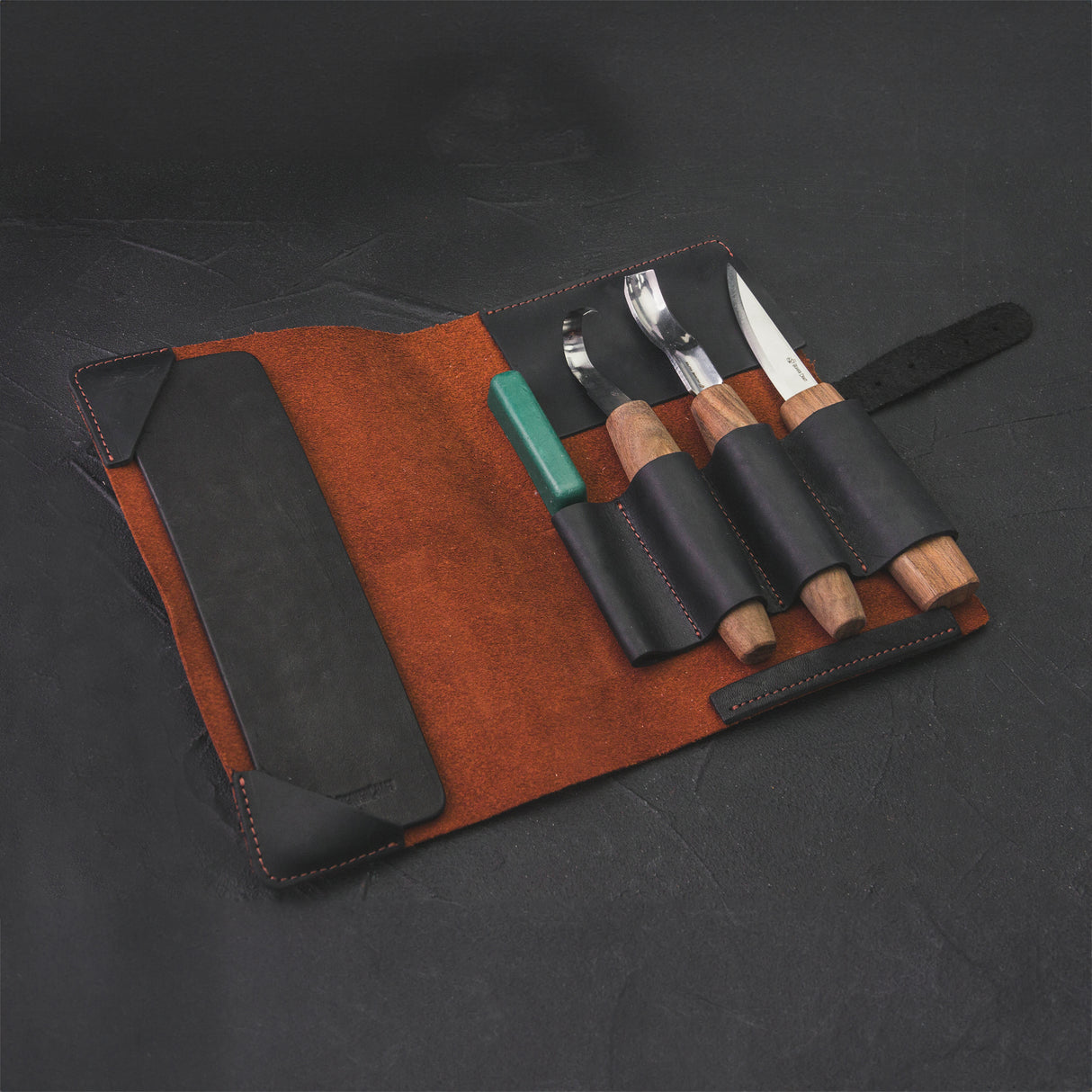 BeaverCraft 5 Piece Extended Carving Set in Genuine Leather Tool Roll
