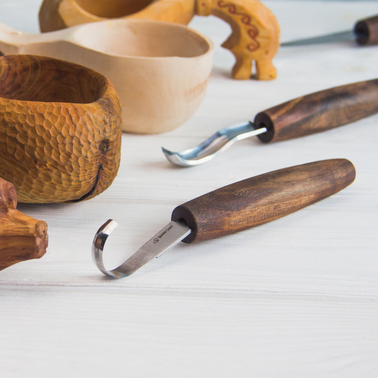 BeaverCraft 5 Piece Extended Carving Set in Genuine Leather Tool Roll