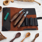 BeaverCraft 5 Piece Extended Carving Set in Genuine Leather Tool Roll