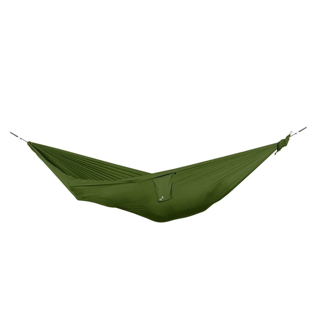Ticket to the Moon Compact Hammock in Leaf Green, empty and suspended with gathered ends and cords