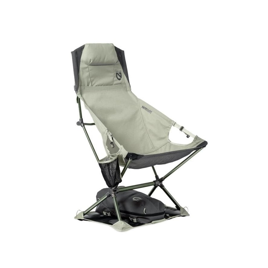 NEMO Satellite reclining chair in Marsh, sage green, set up and empty, shown at an angle with its reclined seat