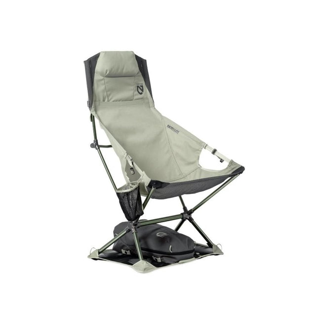 NEMO Satellite reclining chair in Marsh, sage green, set up and empty, shown at an angle with its reclined seat