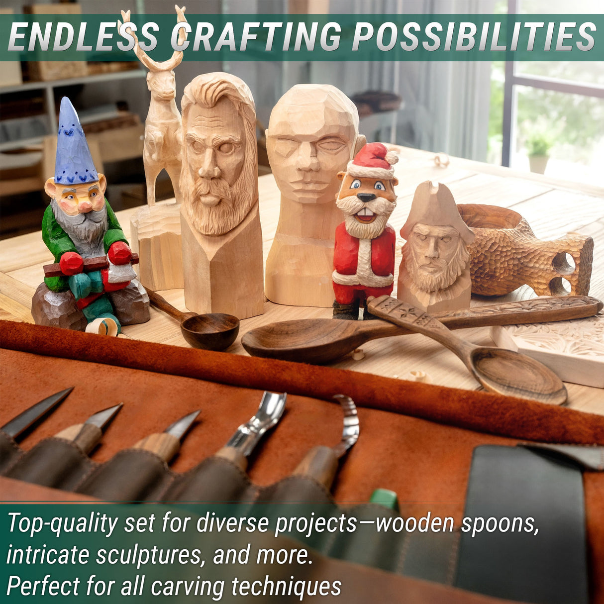 BeaverCraft 10 Piece Deluxe Wood Carving Set in Genuine Leather Tool Roll