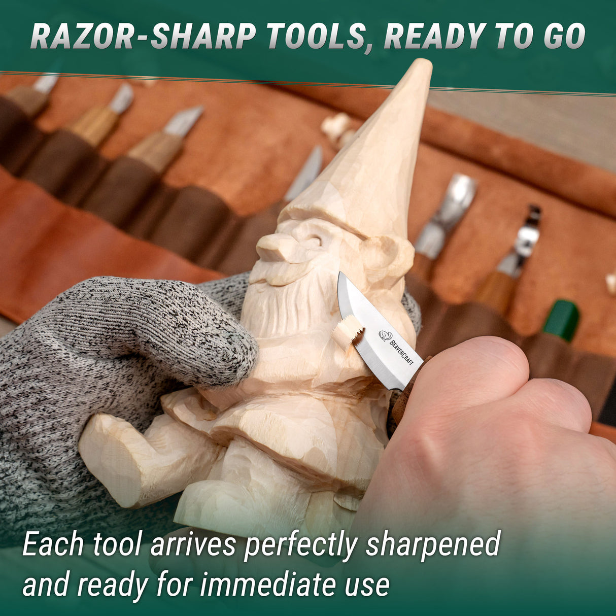 BeaverCraft 10 Piece Deluxe Wood Carving Set in Genuine Leather Tool Roll