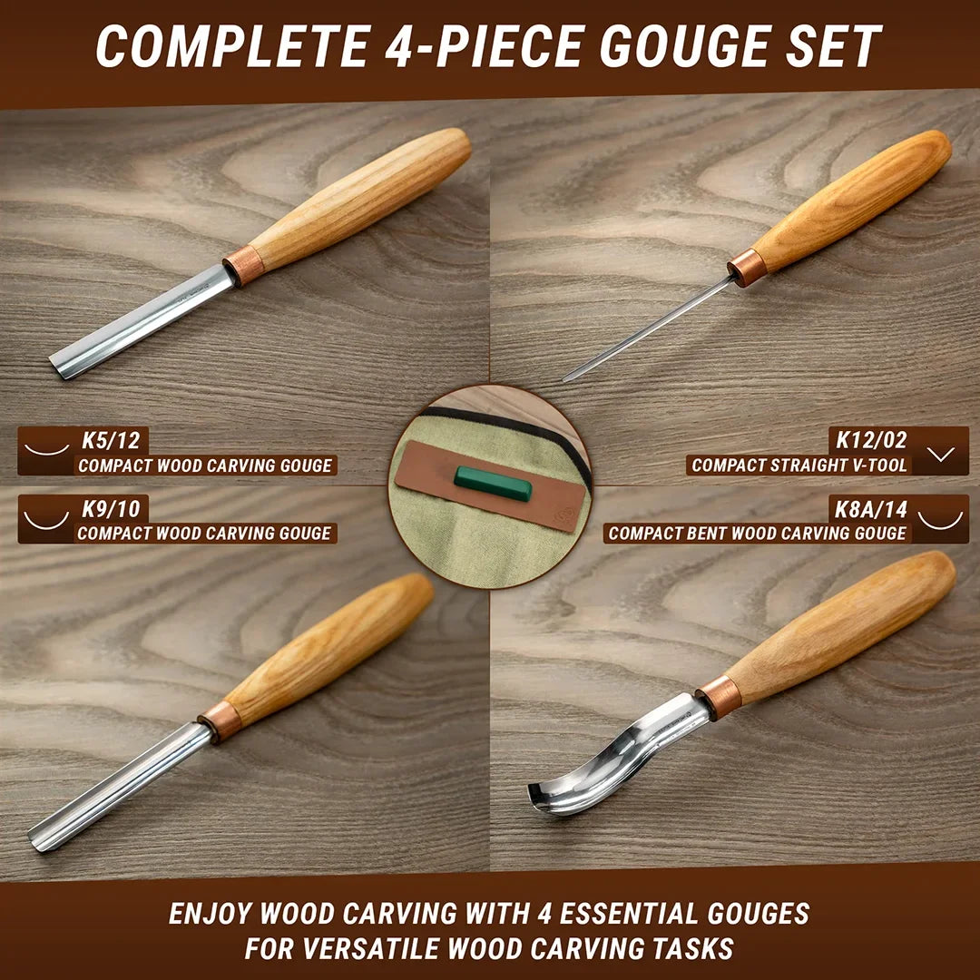 BeaverCraft 4 Piece Wood Carving Gouge & Chisel Set in Canvas Tool Roll