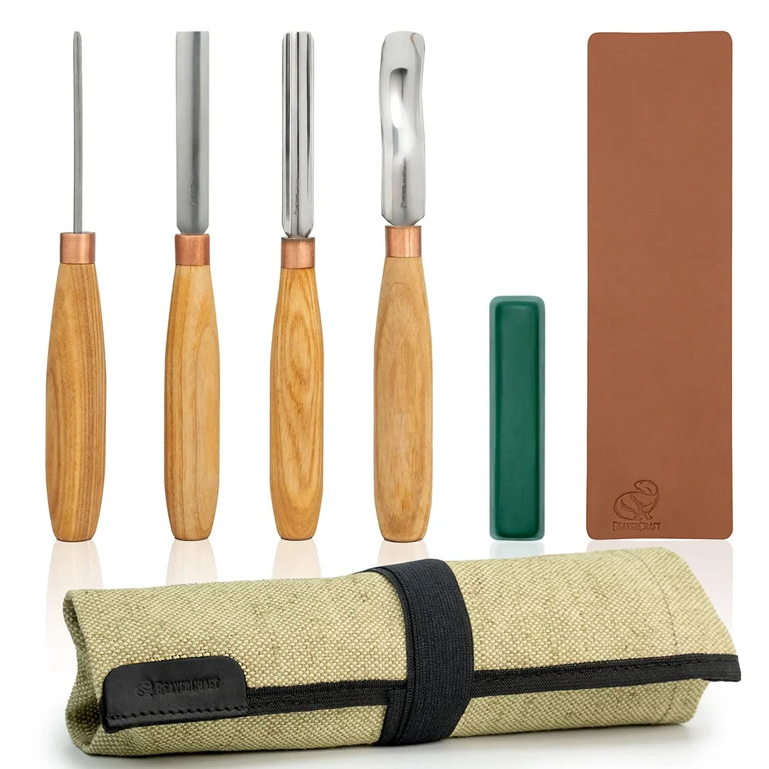 BeaverCraft 4 Piece Wood Carving Gouge & Chisel Set in Canvas Tool Roll