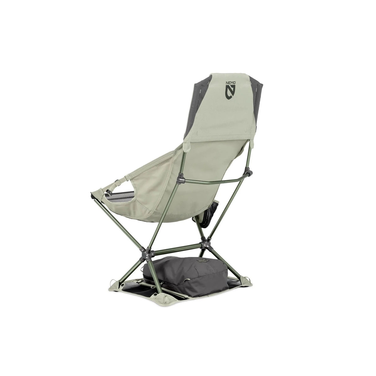 NEMO Satellite Reclining Anywhere Chair in sage green, with dark grey carry bag resting beneath it