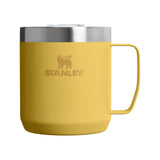 Stanley Everyday camp mug in Dijon yellow with a clear lid, facing forward with its handle to the right